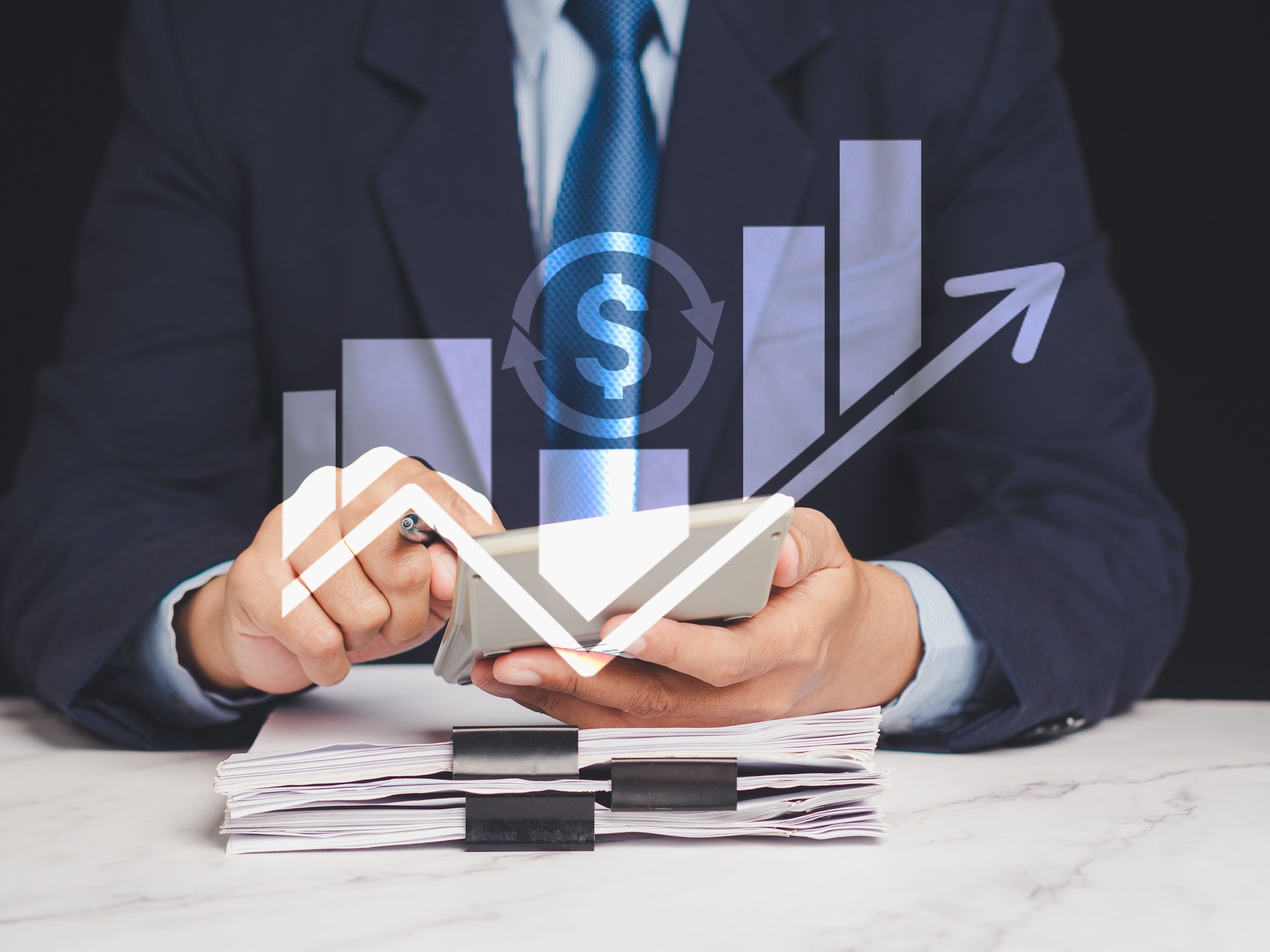 Financial analytics with rising bar graph and arrow overlay, business profit and success theme.
